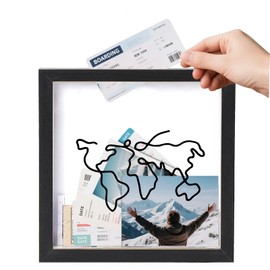 Qwrqwr Adventure Archive Box Travel Memory Box Display for Collecting Movie Sporting and Various Types of Memory Tickets Wooden Frame Creative Keepsake Container with World Map Design (black)