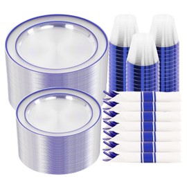 I00000 350 Pcs Blue Plastic Dinnerware Set for 50 Guests Include: 50 Dinner Clear Blue Party Plates, 50 Dessert Plastic Plates, 50 Pre Rolled Napkins with Cutlery Set, 50 Cups for Wedding