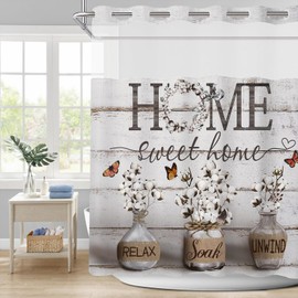 APROPHIC No Hook Farmhouse Shower Curtain with Snap in Liner, Cotton Flowers Rustic Bathroom Decor with Waterproof Fabric, Country Style Home Sweet Home Shower Curtains for Bathroom, 71x74 Inch