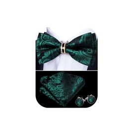 YOHOWA Bow Ties for Men Emerald Green Pre-tied Bow Tie Adjustable with Gold Ring Handkerchief Cufflinks Wedding Prom Party