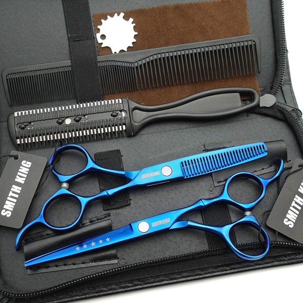 6.0 Inches Hair Cutting Scissors Set with Combs Lether Scissors Case,Hair cutting shears Hair Thinning shears For Personal and Professional (Blue)