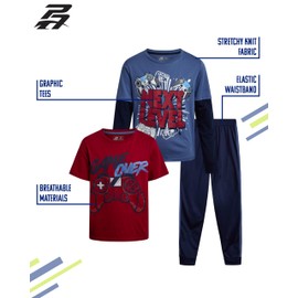 Pro Athlete Boys Tracksuit Set - 3 Piece Outfit with Tricot Jogger Pants Graphic Tee & Two Fer Shirt - Athletic Outfit (8-16), Size 14-16, Blue/Maroon