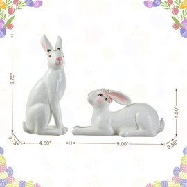 Glitzhome Elegant Easter Bunny Table Statue Decorations Set of 2 Shiny Resin Bunny Figurines Happy Easter Spring Bunny Rabbits Statues Easter Party Table Decor Ornaments