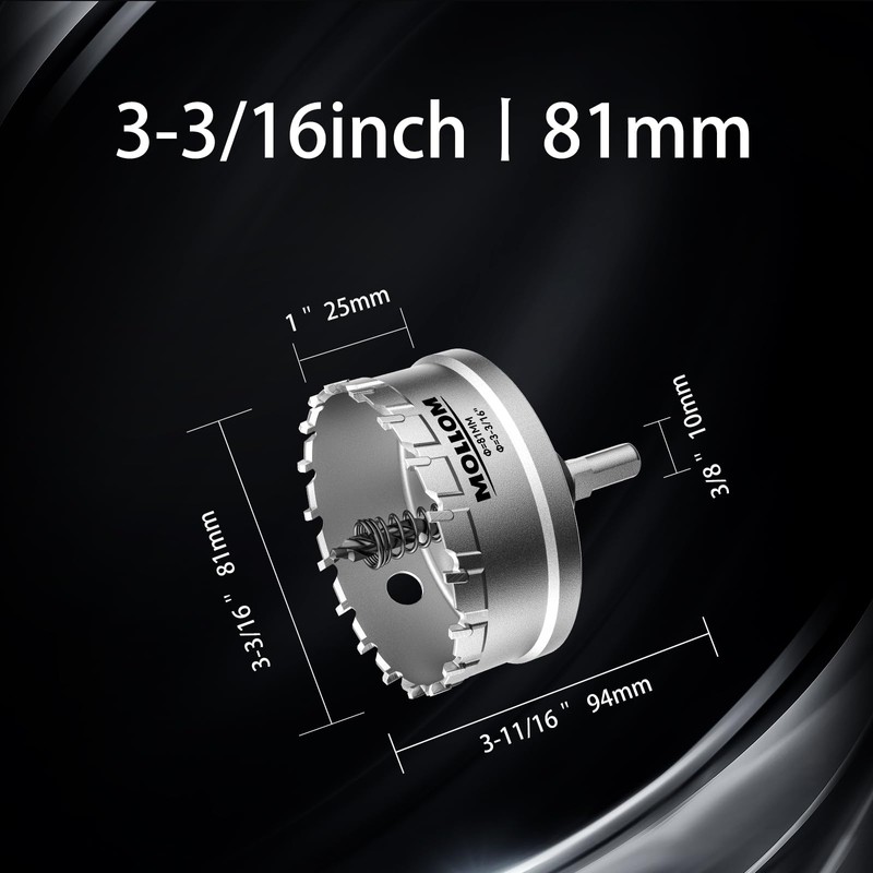 Mollom (3-3/16''|81mm) Heavy Duty Carbide Hole Saw with 2 Pilot