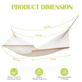 Lazy Daze Hammocks 12FT Double Rope Hammocks, Hand Woven Cotton Hammock with Pillow & Spreader Bar for Outside, Patio, Poolside, FIT 13-15 Foot Stand, Max 450 Lbs, Natural, 141 x 57 inches