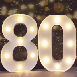 Pooqla Decorative LED Light Up Number Letters, White Plastic Marquee Number Lights Sign for 80th Birthday Party Wedding Decor, Battery Operated (80)
