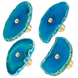 mookaitedecor Set of 4 Blue Agate Crystal Drawer Knobs with Screws, Irregular Blue Crystal Stone Knobs Handles Pulls for Cupboard Cabinet Wardrobe Kitchen Unique Decorative Furniture Brass Knobs