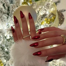 Mirror Metal Red Almond Shaped Chrome Glazed Medium Almond Nails Press On Bling Shiny Plating Acrylic Reusable Fake Stiletto Glue On Nails Medium Length