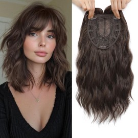 Nexyshe Hair Topper 14 Inch Wavy Hair Toppers with Bangs 6.5''X6.5'' Gluless Wig for Women Synthetic Hair Pieces for Thinning Hair