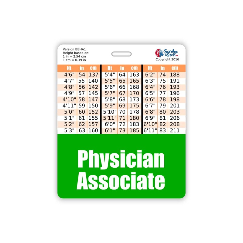 Physician Associate Badge Buddy Horizontal w/Height & Weight Conversion Charts