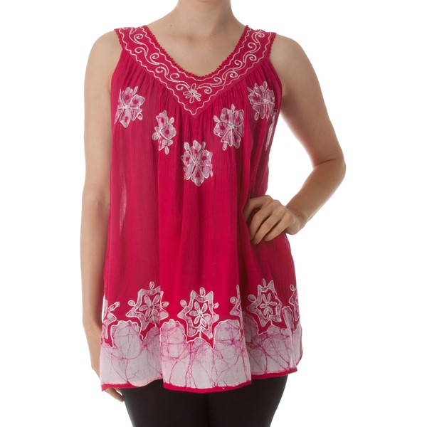 Sakkas C097 Batik Embroidered V-Neck Sleeveless Blouse - Raspberry -
