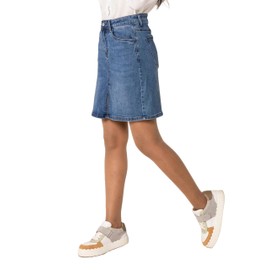 Nina Carter P213 Women's Short Denim Skirt with Front Slit Zip Stretch Distressed Look, Blue (P213-2)