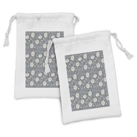 Ambesonne Floral Fabric Pouch Set of 2, Cottage Daisy Petals Field Summer Gardening Theme Chamomile Flourish, Small Drawstring Bag for Toiletries Masks and Favors, 9" x 6", Grey Coconut Sage Green