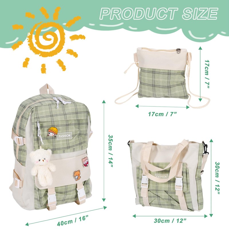 Mordelar 5Pcs Canvas School Backpack Combo Set with Kawaii Bear