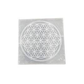 Selenite Crystal Charging Plate for Crystals and Healing Stones, 4" Selenite Crystal Plate Engraved Flower of Life Coaster for Home Office Table Decor