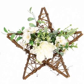 Floral Wreath for Front Door Artificial Camellia Flower and Eucalyptus Star Shape Floral Wreath for Front Door Window Bedroom Birthday Balcony Wedding White