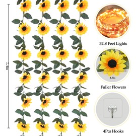 4 Pack Artificial Sunflower Garland Decor with Lights, Sunflower Vines Hanging Flowers Garland with Green Leaves, Fake Yellow Flower Vines Room Wedding Party Decoration(4 Pack)