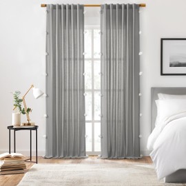 Mercantile Ardmore Light Filtering Rod Pocket and Back Tab Curtain with Pom Poms (1 Panel), 50 in x 84 in, Grey