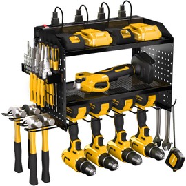 Veitorld Power Tool Organizer Wall Mount with Charging Station, 4 Drill Holder Heavy Duty Cordless Tool Storage Rack, Metal Garage Organizers and Storage, Gifts for Men Dad Husband Christmas