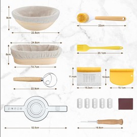 BEWOS Sourdough Bread Banneton Proofing Basket Set of 9-25cm Oval & 23cm Round Bread Rising Basket with Liner, Natural Rattan & Non-Stick, Includes Dough Scraper & Brush