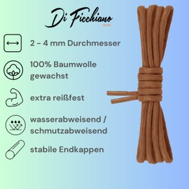 Di Ficchiano Premium Waxed Laces, Round Laces for Leather Business Shoes, Diameter 2 - 4 mm, Length 45 - 200 cm, Tear-Resistant - Brown - 140 cm