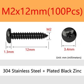 ORANXIN M2 x 12 mm, 100 pieces, round head, wood screws, 304 stainless steel, black zinc plated, self-tapping Phillips pan head, self-drilling screws