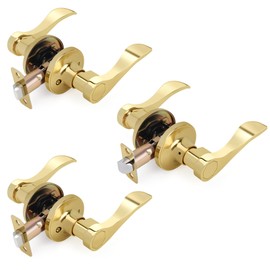 LOQRON Gold Wave Style Door Handles (No Lock and Key), Non-Locking Reversible Gold Door Lever for Bathroom and Interior Closet, Polished Brass,3 Pack