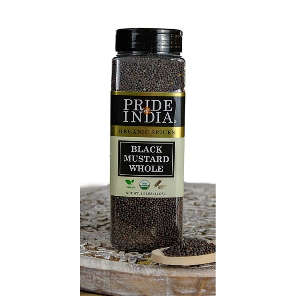 Pride Of India- Organic Black Mustard Seed Whole - 24 oz (680 gm) Large Dual Sifter Jar - Certified Pure Indian Vegan Spice- Best for Pickling, Chutney, Indian Food- Offers Best Value for Money