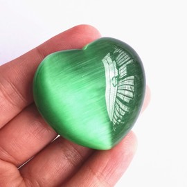 Manekieko Manekieko Green Cat's Eye Stone Palm Worry Carved Heart Love Stone,40mm Crystals and Healing Stones