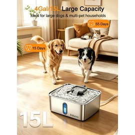 SIBAYS 4Gal/15L Dog Water Fountain for Large Dogs, Stainless Steel Large Pet Water Fountain, Ultra Quiet Automatic Dog Water Bowl Dispenser with Water Level Window and LED Light(FS78, Silver-Grey)