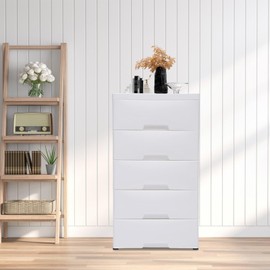 Rocoreny 5 Tiers Plastic Storage Drawer Units,Closet Organizer Stacking Vertical Freestanding Shelf Drawer Dresser With Casters For Bedroom Living Room Playroom Toys (White 17.7 * 11.8 * 33in)
