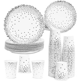 Juvale Silver Foil Dots Party Pack for 50 Guests - Paper Dinner, Appetizer Plates, and Cups