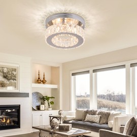 xychfantligh Small Mondern Small Crystal LED Chandelier Mini Flush Mount Round Ceiling Light Fixture K9 Crystal Ceiling Lamp for Dining Room Living Room Bedroom (Warm White)