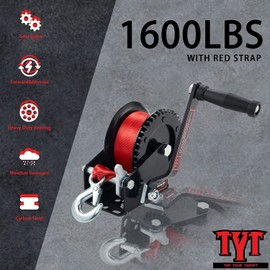TYT 1600lb Boat Trailer Winch with 8M Red Strap, 2 Way Ratchet Hand Crank Strap Winch with Strong Hook, Heavy Duty Steel Construction Manual Gear Winch for RV Jet Ski Boat Trailer Towing Pulling Winch