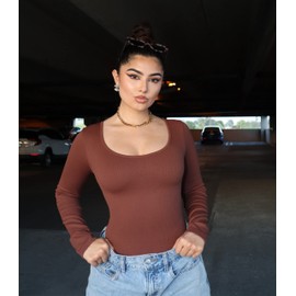 SUUKSESS Women Ribbed Seamless Long Sleeve Bodysuit Scoop Neck Slimming Top(Brown,Large)