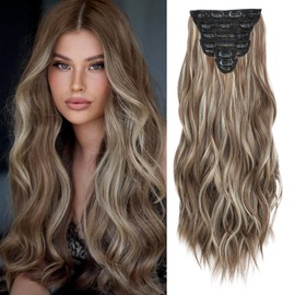 Clip in Hair Extensions for Women, Natural Brown & Blonde Extensions, 24 Inch 6PCS Hairpieces Long Wavy Soft Thick Hair Extensions Clip ins