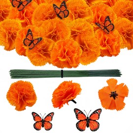 Flores Artificiales de caléndula Colocar,Incluir 50piezas Flores de Cempasuchil Artificiales de 9cm, 10 Piezas Decoración de Mariposas 3D de 12cm,Deco