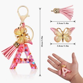 NVGVUP Alphabet Initial Letter Keychain, Tassel Butterfly Pendant Keyring, Pink Resin Cute Key Chain for Women Girls Purse Handbag Charm, with 2 Double Sided Blank Photo Keyring (A)