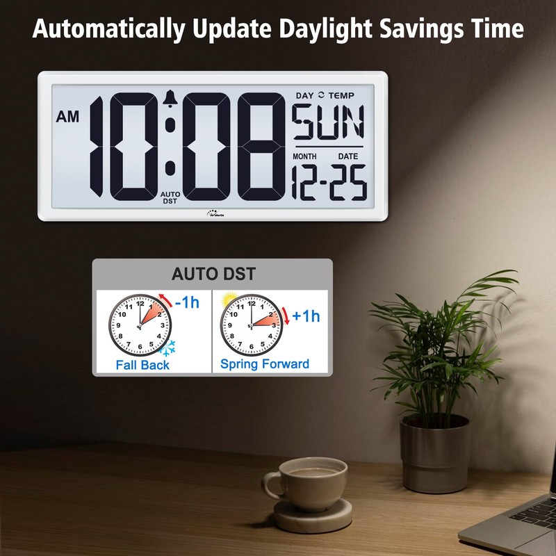 WallarGe Backlight Digital Wall Clock Battery Operated - with Temperature