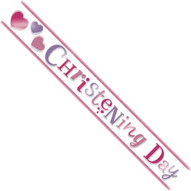 Girl's Christening Pink Star Holographic Recyclable Birthday Party Banner