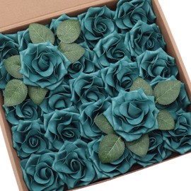D-Seven Artificial Flowers 2.5" Teal Petite Avalanche Rose 25pcs Fake Roses w/Stem for DIY Wedding Bouquets Floral Arrangements Bridal Shower Baby Shower Party Home Decor