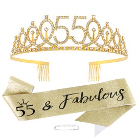 Vovii 55th Birthday Sash and Tiara,Gold Tiara, 55th Birthday Decorations for Women, 55th Birthday Gift for Women, Happy 55th Birthday Decorations