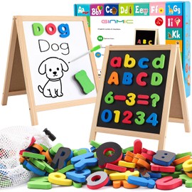 GINMIC Magnetic Letters and Numbers with Magnet Board, Alphabet ABC Magnets, Learning & Educational Toys - Uppercase Lowercase Math Symbols with Magnetic Whiteboard Chalkboard for Toddlers Kids