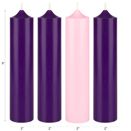 Mega Candles 4 pcs Unscented Christmas Advent Candles Set, Hand Poured Premium Wax Bell Top Round Pillar Candle 2 Inch x 9 Inch, Holidays, Festivities, Devotional, Church, Wreath, Party, Gifts