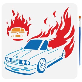 FINGERINSPIRE Flames Car Stencils with a Paint Brush 11.8x11.8Inch Fire Car Painting Stencils Reusable Motor Vehicles Pattern Stencil Transportation Themes Car Template for DIY Crafts Home Decoration