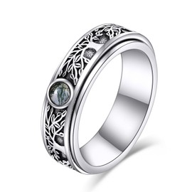 POPLYKE Sterling Silver Tree of Life Anxiety Spinner Rings Moss Agate Fidget Rotatable Mood Rings for Women Men 8 Size