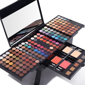 Kit de maquillaje todo en uno, 180 colores mate, paleta de sombra de ojos colorido, 2 polvos faciales, 2 coloretes, 1 lápiz delineador, 6 brochas de esponja 6 cejas en polvo profesional cosmética mujer maquillaje maquillaje completo paleta de sombra de ojos