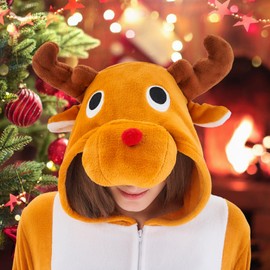 NEWCOSPLAY Unisex Adult Brown Reindeer Onesie Plush One Piece Pajamas Christmas Costume(Brown Reindeer,Large)