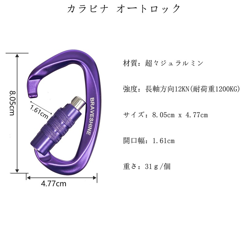 Carabiner 12KN Auto-Lock BRAVESHINE Load Capacity 2,645 lbs (1,200 kg)