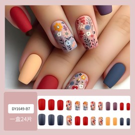 Flower Press on Nails Spring Medium Fake Nails Daisy Glue on Nails Square Shape Acrylic Nails Cute False Nails Full Cover Stick on Nails Reusable Artificial Nails for Women Manicure Decorations